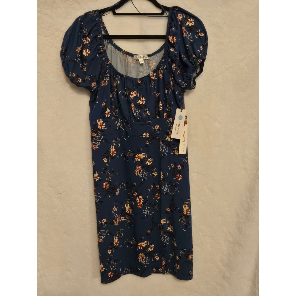 Nine Britton Marcy Women's Large Brushed Knit Dress Floral Blue Puff Sleeve NEW
